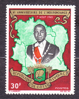 POBREŽIE SLONOVINY 1965, Michel 285, ** čistá séria. PREZIDENT F. HOUPHOUET-BOIGNY, 5. VÝROČIE NEZÁVISLOSTI.