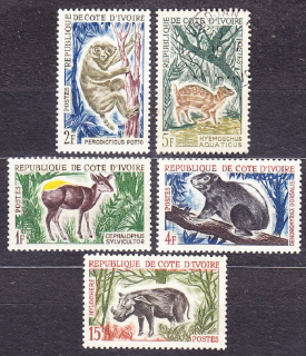 POBREŽIE SLONOVINY 1964, Michel 259-263, **/* čisté/razená séria. AFRICKÉ ZVIERATÁ.