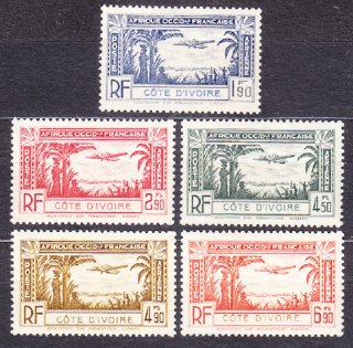 POBREŽIE SLONOVINY 1940, Michel 172-176, **/* čistá séria. KOLÓNIE. LETECKÉ - KRAJINY.