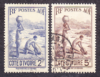 POBREŽIE SLONOVINY 1936, Michel 146, 150, razené. KOLÓNIE. ŽENA S KRČAHOM.