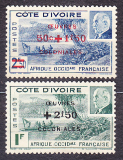POBREŽIE SLONOVINY 1944, Michel 202-203, čistá séria bez lepu. KOLÓNIE. MARŠÁL PÉTAIN - LAGÚNA, ČLN - PRETLAČE.