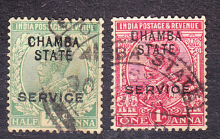 CHAMBA 1913, Michel 27-28, razené. KOLÓNIE. SLUŽOBNÉ. KRÁĽ GEROGE V.