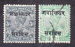 GWALIOR 1913, Michel 21-22, razené. KOLÓNIE. SLUŽOBNÉ. KRÁĽ GEROGE V.