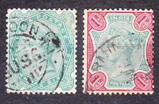 INDIA 1892, Michel 43-44, razená séria. KOLÓNIE. KRÁĽOVNÁ VICTORIA.