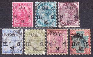 INDIA 1883, Michel 26-32, razená séria. KOLÓNIE. SLUŽOBNÉ. KRÁĽOVNÁ VICTORIA.