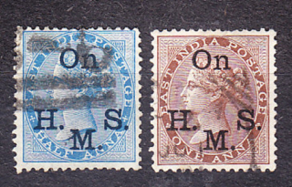 INDIA 1874, Michel 21-22, razené. KOLÓNIE. SLUŽOBNÉ. KRÁĽOVNÁ VICTORIA.