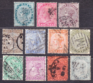 INDIA 1882, Michel 31-41, razená séria. KOLÓNIE. KRÁĽOVNÁ VICTORIA.