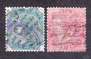 INDIA 1866, Michel 24, 26, razené. KOLÓNIE. KRÁĽOVNÁ VICTORIA.