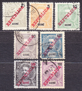 PORTUGALSKÁ GUINEA 1911, Michel 89-91, 93, 101-103, razené. KOLÓNIE. KRÁĽ CARLOS I. - PRETLAČE REPUBLICA.
