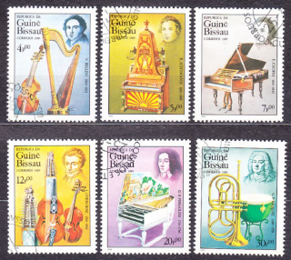 GUINEA-BISSAU 1985, Michel 864-869, razené. HUDOBNÉ NÁSTROJE, SKLADATELIA.