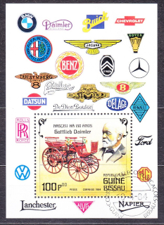 GUINEA-BISSAU 1984, Michel Block 258, razený hárček. STARÉ AUTÁ, DAIMLER, ZNAČKY ÁUT.