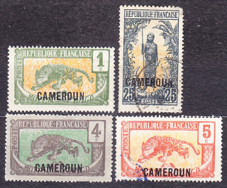KAMERUN 1921, Michel 47, 49-50, 54, rôzne. KOLÓNIE. PRETLAČE NA ZNÁMKACH ZO STREDNÉHO KONGA.