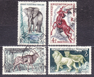 FRANCÚZSKA ROVNÍKOVÁ AFRIKA 1957, Michel 305-308, razená séria. KOLÓNIE. AFRICKÉ ZVIERATÁ.