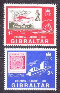GIBRALTAR 1970, Michel 241-242, ** čistá séria. KOLÓNIE. VÝSTAVA ZNÁMOK V LONDÝNE, ZNÁMKA NA ZNÁMKE.