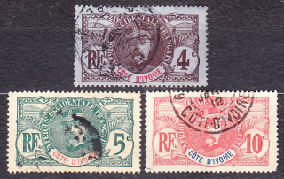 POBREŽIE SLONOVINY 1906, Michel 23-25, razené. KOLÓNIE. GENERÁL L. FAIDHERBE.