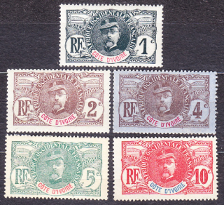POBREŽIE SLONOVINY 1906, Michel 21-25, * čisté. KOLÓNIE. GENERÁL L. FAIDHERBE.