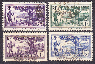 POBREŽIE SLONOVINY 1936, Michel 132, 136, 138, 141, razené. KOLÓNIE. KRAJINY.