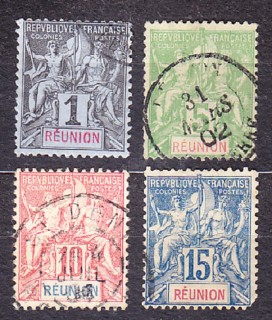 RÉUNION 1892, Michel 32, 35-37, razené. KOLÓNIE. ALEGÓRIA.