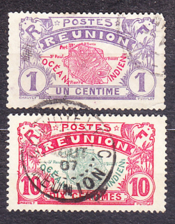 RÉUNION 1907, Michel 56, 60, razené. KOLÓNIE. MAPA OSTROVA.