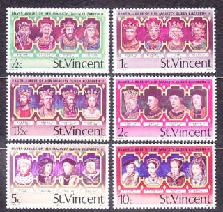 ST. VINCENT 1977, Michel 459-464, * čisté. KRÁĽOVNÁ ALŽBETA II. - SLÁVNI PANOVNÍCI.
