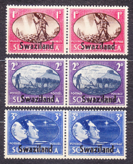 SWAZILAND 1945, Michel 38-43, ** čistá séria. KOLÓNIE. KONIEC VOJNY - PRETLAČE NA ZNÁMKACH JUŽNEJ AFRIKY.