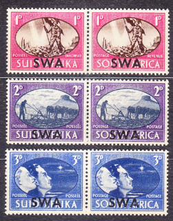 JUHOZÁPADNÁ AFRIKA 1945, Michel 246-251, ** čistá séria. KOLÓNIE. KONIEC VOJNY - PRETLAČE NA ZNÁMKACH JUŽNEJ AFRIKY.