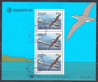 PORTUGALSKO - MADEIRA 1986, Michel Block 7, razený hárček. EUROPA - OCHRANA PRÍRODY -  VTÁCTVO, LODE.