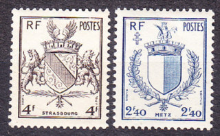 FRANCÚZSKO 1945, Michel 707-708, ** čistá séria. ERBY - OSLOBODENIE MIEST.