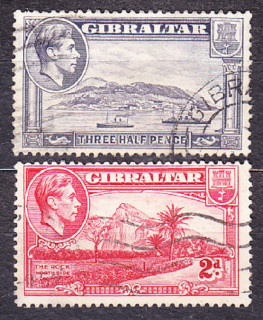 GIBRALTAR 1943, Michel 118-119, razená séria. KOLÓNIE. KRÁĽ GEORGE VI. - KRAJINY.