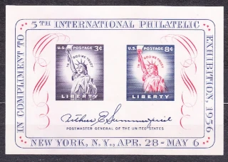 USA 1956, Michel Block 10, ** čistý hárček. SOCHA SLOBODY, MEDZINÁRODNÁ VÝSTAVA ZNÁMOK.