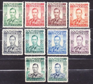 SOUTHERN RHODESIA 1937, Michel 42-50, 54, * čisté. KOLÓNIE. KRÁĽ GEORGE VI. V UNIFORME.