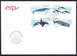 ISLAND 1999, Michel 905-908, FDC OBÁLKA. VEĽRYBY A DELFÍNY.