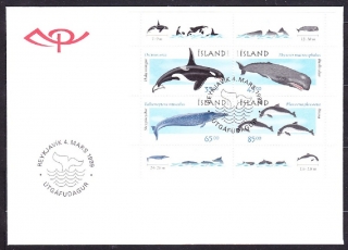 ISLAND 1999, Michel Block 23, FDC OBÁLKA. VEĽRYBY A DELFÍNY.