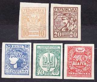UKRAINA 1918, Michel 1B-5B, * čistá séria. NÁRODNÉ SYMBOLY.