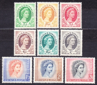 RHODESIA AND NYASSALAND 1954, Michel 3-7, 10-13, čisté bez lepu. KOLÓNIE. KRÁĽOVNÁ ALŽBETA II.