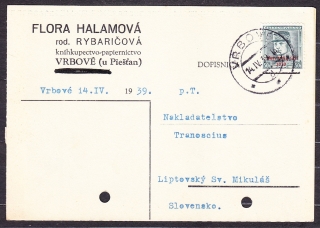 SLOVENSKÝ ŠTÁT 1939, poštový lístok. KNÍHKUPECTVO FLORA HALAMOVÁ - VRBOVÉ.