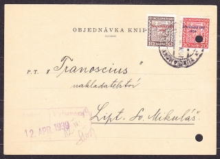 SLOVENSKÝ ŠTÁT 1939, poštový lístok. KNÍHKUPECTVO J. HORÁČEK - MARTIN.