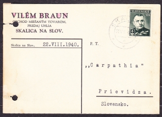 SLOVENSKÝ ŠTÁT 1940, poštový lístok. OBCHOD S MIEŠANÝM TOVAROM, PREDAJ UHLIA, VILÉM BRAUN - SKALICA.