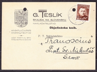SLOVENSKÝ ŠTÁT 1942, poštový lístok. NAKLADATEĽSTVO G. TESLÍK - SKALICA.