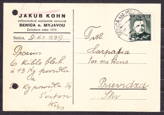 SLOVENSKÝ ŠTÁT 1939, poštový lístok. VEĽKOOBCHOD S MIEŠANÝM TOVAROM JAKUB KOHN - SENICA.