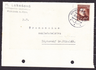 SLOVENSKÝ ŠTÁT 1942, poštový lístok. KNÍHKUPECTVO A PAPIERNICTVO M. LEKEŠOVÁ - KOKAVA NAD RIMAVICOU.
