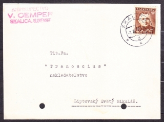 SLOVENSKÝ ŠTÁT 1943, poštový lístok. KNÍHKUPECTVO V. CEMPER - SKALICA.