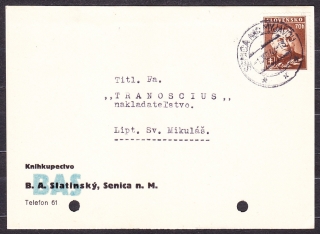 SLOVENSKÝ ŠTÁT 1942, poštový lístok. KNÍHKUPECTVO B.A. SLATINSKÝ - SENICA.