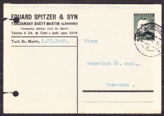 SLOVENSKÝ ŠTÁT 1940, poštový lístok. OBCHOD S POTRAVINAMI, EDUARD SPITZER & SYN - MARTIN.