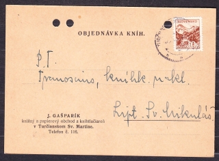 SLOVENSKÝ ŠTÁT 1942, poštový lístok. OBCHOD S PAPIEROM A KNIHAMI, J. GAŠPARÍK - MARTIN.