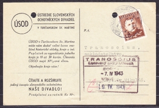 SLOVENSKÝ ŠTÁT 1943, poštový lístok. ÚSTREDIE SLOVENSKÝCH OCHOTNÍCKYCH DIVADIEL - MARTIN.