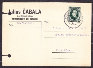 SLOVENSKÝ ŠTÁT 1940, poštový lístok. LAHODKÁRSTVO JULIUS ČABALA - MARTIN.