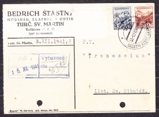 SLOVENSKÝ ŠTÁT 1941, poštový lístok. HODINÁR, ZLATNÍK, BEDRICH ŠTASTNÝ - MARTIN.