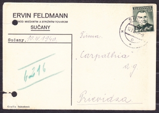 SLOVENSKÝ ŠTÁT 1940, poštový lístok. OBCHOD S MIEŠANÝM A STRIŽNÝM TOVAROM, ERVIN FELDMANN - SUČANY.