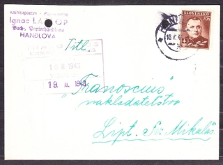 SLOVENSKÝ ŠTÁT 1943, poštový lístok. KNÍHKUPECTVO, PAPIERNICTVO IGNAC LASLOP - HANDLOVÁ.